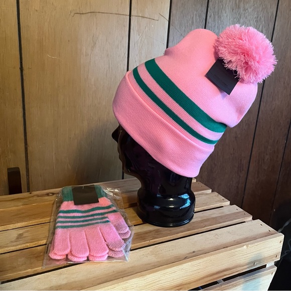 AKA Knit Cap w/ Pink Pom Pom & Matching Gloves - Picture 11 of 12